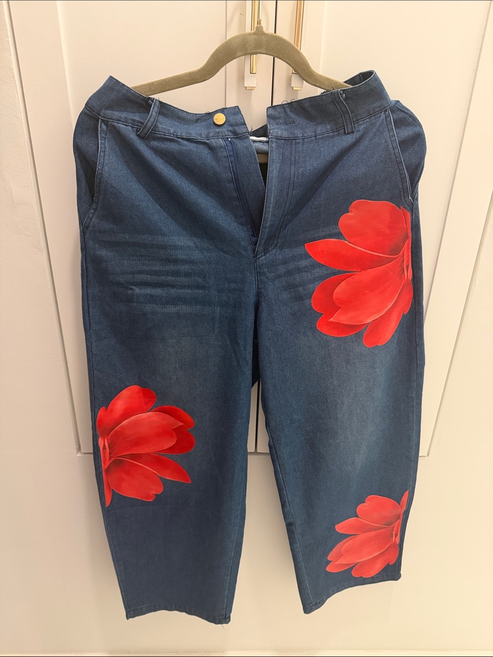 Free People Navy Straight-Leg Jeans with Red Floral Prints
